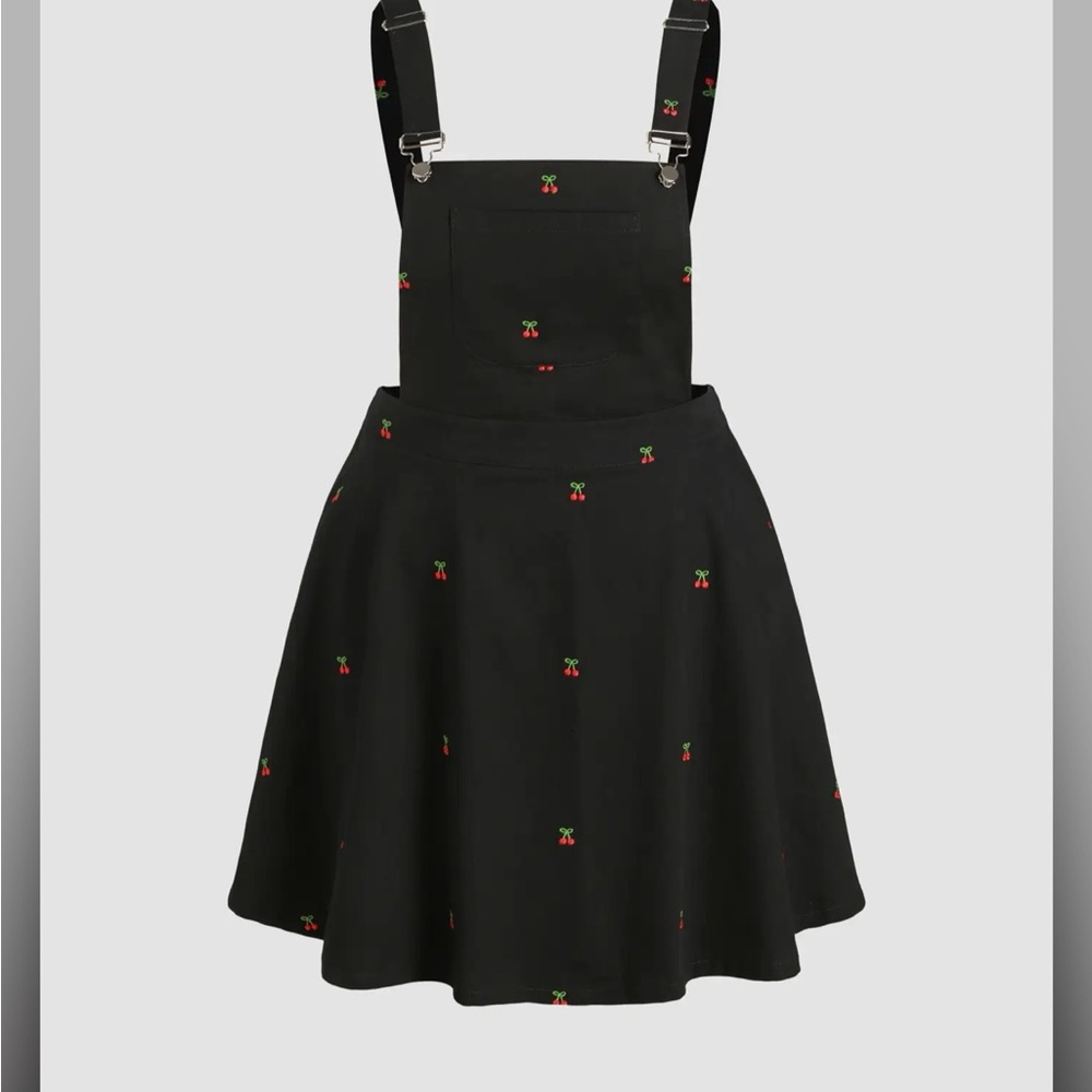 Cider Black Pinafore Overall Dress with Embroidered Cherry Accents